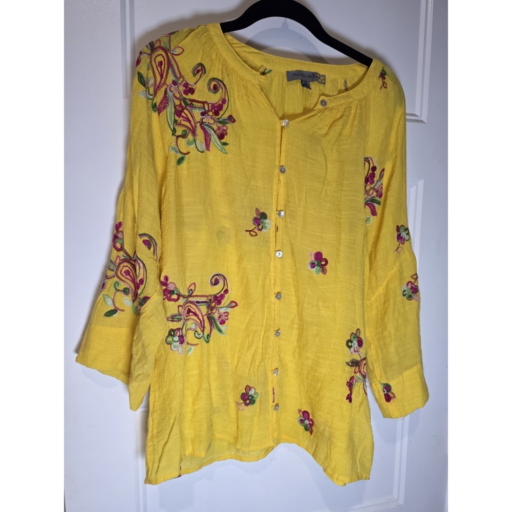 Anthropologie Figueroa & Flower Embroidered Boho Peasant Blouse Yellow M Lightwt